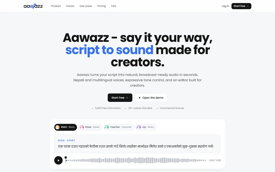 The Aawazz home page, with a demo player for Nepali voices.