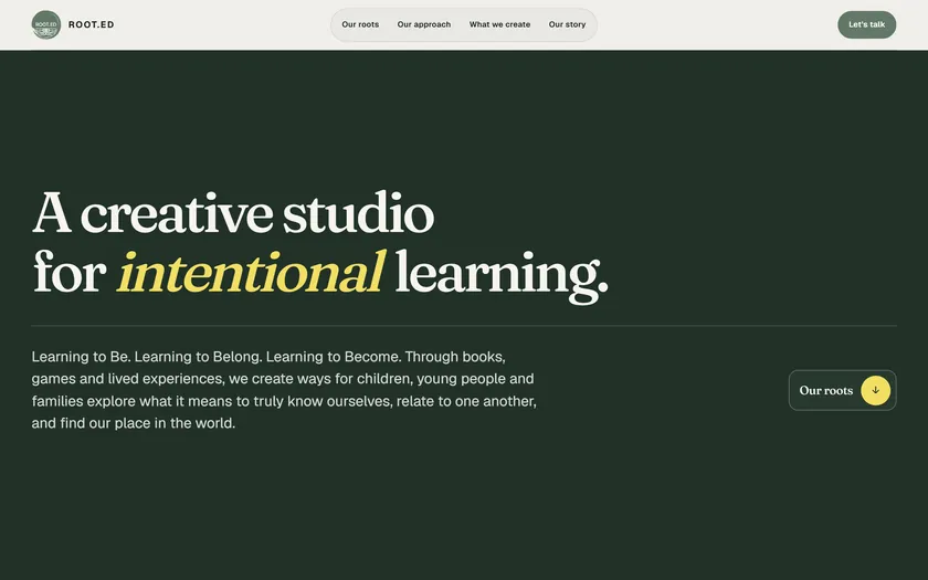The Root.ed home page: “A creative studio for intentional learning.”