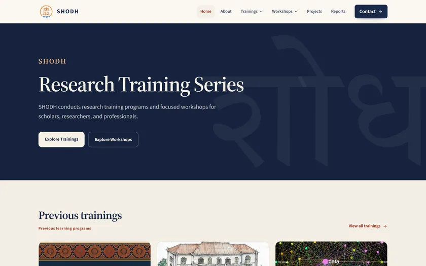 The SHODH Nepal home page, showing its research training series.